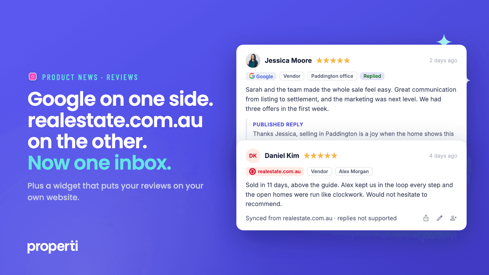 Reviews update hero: Google and realestate.com.au in one inbox