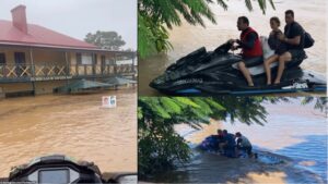 Left: tweed river reaching the eaves of local pub. Right: flood rescuees on the back of a jetski.